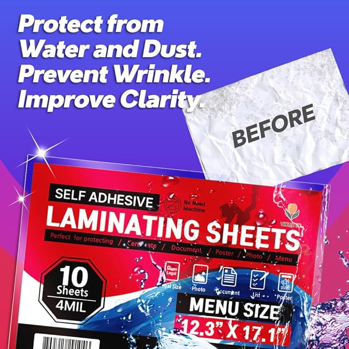 Self Adhesive Laminating Sheets 12.3x17.1 inches, 10 Pack, 4mil Thickness, No Heat or Machine Needed, Waterproof, Self Sealing, Easy Peel and Stick, Heavy Duty Clear Glossy Finish, by VIOLETTO