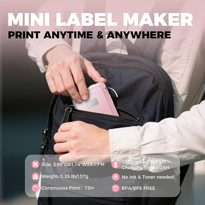 Label Maker Machine with Tape, Label Makers with Multiple Templates, Mini Label Maker Widely Used in Home Office School Organization, Bluetooth Label Printer Easy to Use for Small Labels, Pink