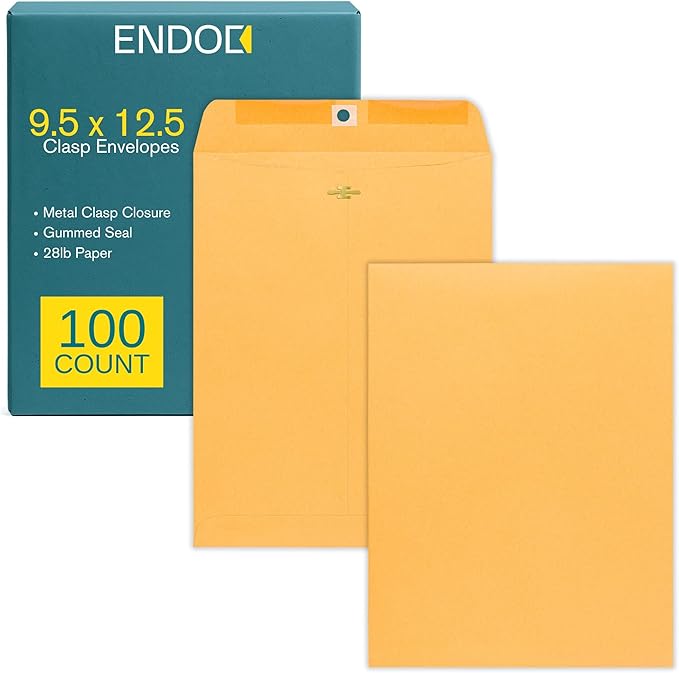 EnDoc 9 1/2 x 12 1/2 Clasp Envelopes - 100 Pack - Brown Kraft Catalog Envelopes Gummed Seal Closure – 28lb Heavyweight Paper 9.5x12.5 inch Envelopes for Home, Office, Business, Legal or School.
