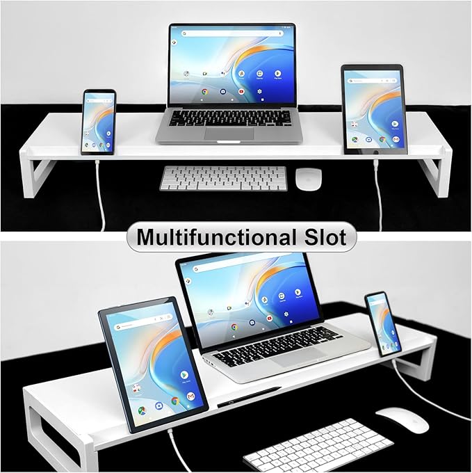 Dual Monitor Stand Riser – 36-Inch Computer Monitor Stand with Multifunctional Slot for 2 Monitors, Multi-Purpose Desktop Storage for Laptop, Printer, TV