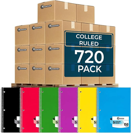 720 Packs (Pallet) 5 Subject Notebooks, Spiral Notebook Bulk, College Ruled,Pallet of Notebooks,150 Sheets (300 pages), 8 x 10-1/2", Bulk Spiral Notebooks for School & Office,4-7 Days Transit