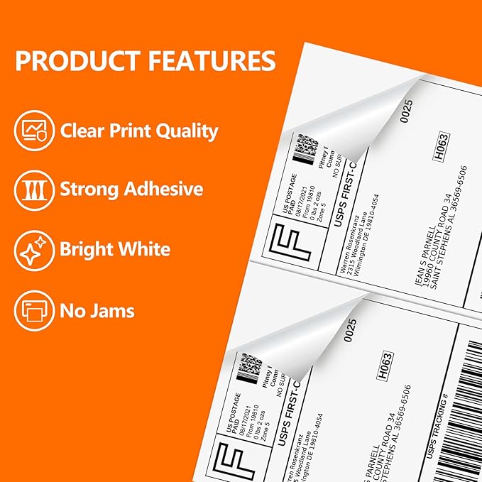 Half Page Self Adhesive Shipping Labels, 8.5" x 5.5" Shipping Labels Compatible Laser & Inkjet Printer 2 Label Per Sheet (250 sheets-500 Label)