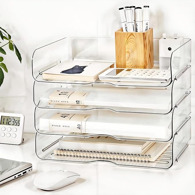Large Capacity Desk Organizer, 4 Tier Paper Organizer, File Organizer for Desk, Stackable Paper Tray for Office, Home and School