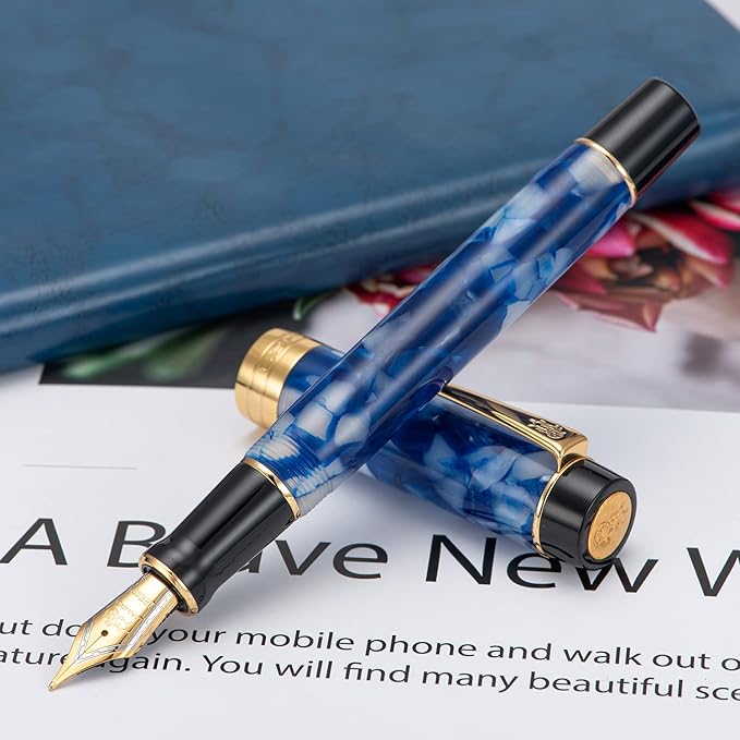 Jinhao 100 Fountain Pen Celluloid Classic Style, #6 Nib Smooth Writing Instrument with Refillable Converter and Pen Case Set