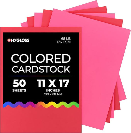 Hygloss 50 Sheets Valentine’s Day Colored Cardstock - 11x17-Inch Red and Pink Letter Size Color Cardstock Paper - 65 lb/ 176 gsm, Acid-Free, Fade-Resistant