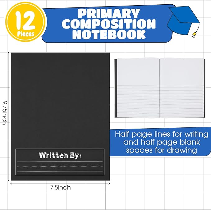Henoyso 12 Pcs Primary Composition Notebook K-2 9 3/4 x 7 1/2 Inch Primary Journal, Back to School Supplies, Bulk Blank Writing Book for Kid to Write Draw Journal 60 Page Notebooks (Black)