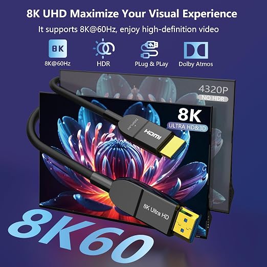 8K Fiber Optic HDMI Cable 50FT, Long Active HDMI 2.1 Cable 48Gbps Ultra High - Image 2