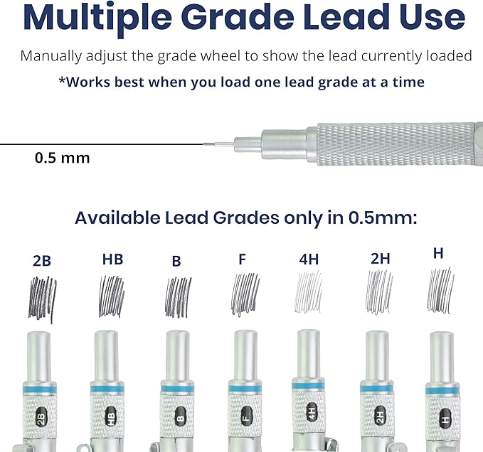 Pacific Arc Chromagraph Metal Mechanical Pencil .5 mm Silver Barrel Mechanical Pencil with Built In Lead Pencil Grade Indicator, Lead Pencil Holder for Drafting, Sketching, and Drawing