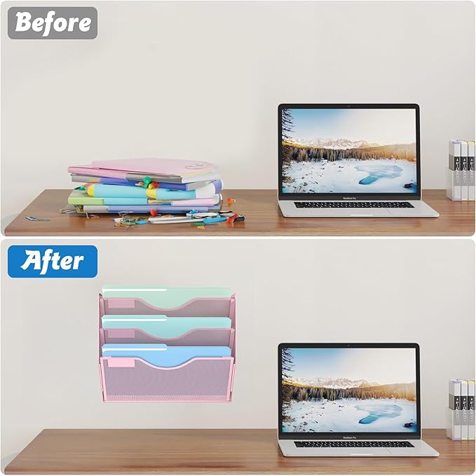 3 Tier Hanging Wall File Organizer, Mesh Mail Paper Orgnization Hanging File Folder Holder for Home Office, Pink