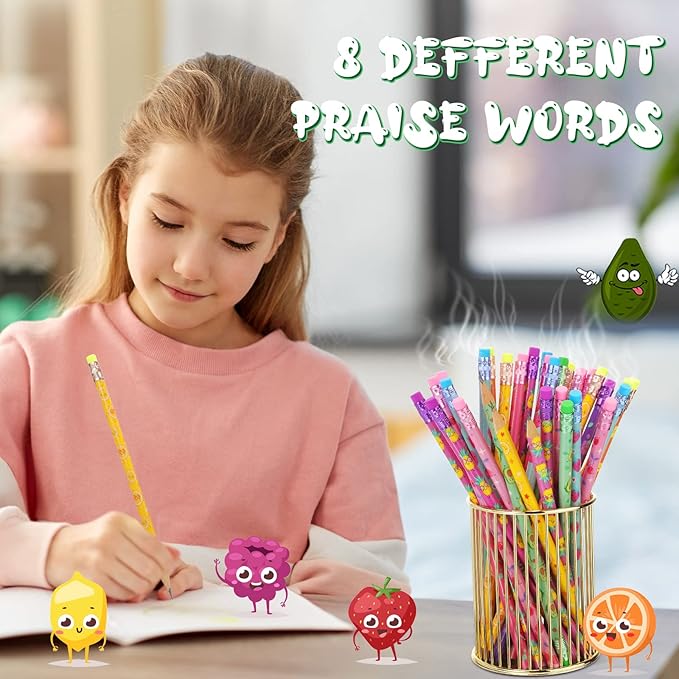Leinuosen 96 Pieces Smelly Pencils for Kids Scented Cute Fruit Summer Colorful Inspirational Motivational Pencils with Eraser Bulk for Kids Students School Classroom Party Gifts Rewards, 8 Styles