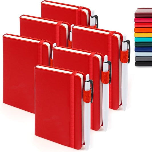 feela 6 Pack Pocket Mini Notebooks Bulk, Small Cute Memo Notepads Hardcover College Ruled Lined Journals with Pen Holder for School Business Work, with 6 Black Pens, 3.5”x 5.5”, A6, Red