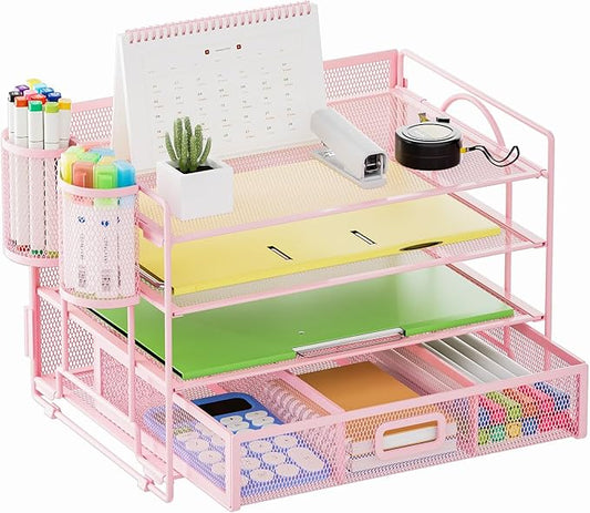 Marbrasse Desk Organizer and Accessories4-Tier Paper File Letter Tray Accessories & Workspace Desk Organizers with Drawer and 2 Pen Holders for School Home Office Supplies(Pink)