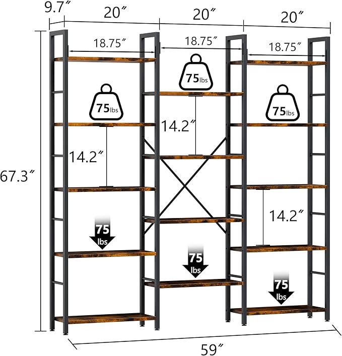 Shintenchi Triple Column 5 Tier Bookshelf, Industrial Large Bookcase with 14 Open Display Shelves, Large Etagere Bookshelf,Wide Book Shelf Book Case for Home & Office, Rustic Brown