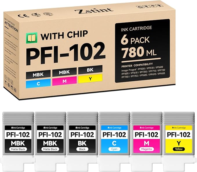 PFI-102 Ink Tank 6-Pack 130ml PFI102 Ink Cartridges Compatible with Canon imagePROGRAF iPF500 iPF510 iPF600 iPF605 iPF610 iPF650 iPF655 iPF700 iPF710 iPF720 iPF750 iPF755 iPF760 iPF765 Inkjet Printer