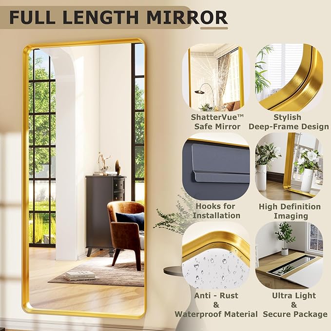 71" x 30" Full-Length Mirror - Gold Deep Framed Floor Mirror, Wall-Mounted Rectangular Dressing Mirror for Home Decor in Bedroom, Bathroom, Living Room - Hang or Lean Against Wall