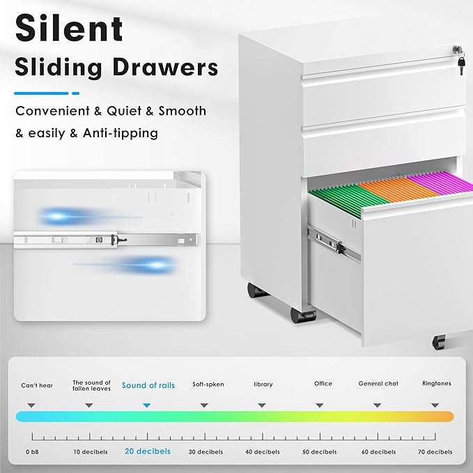 Superday 3 Drawer Mobile Locking File Cabinet, Metal Rolling Vertical File Cabinet with Drawers, Small Under Desk Lateral Cabinets for Office and Home, Fully Assembled Except