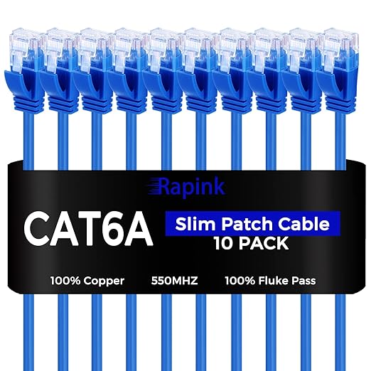 Rapink Patch Cables Cat6a 20ft Slim, Cat6a Ethernet Patch Cable 10G Support by Rapink