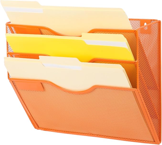 EASEPRES 3 Pocket Mesh Hanging Wall File Organizer, Wall Mounted Mail Paper Document Folder Holder, Clipboard Storage Organization Magazine Rack with Nametag Label for Office Home School, Orange