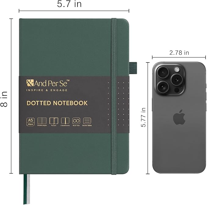 &And Per Se Dotted Journal Notebook, A5 Hardcover Leather Journal, 160 Pages 100 gsm Thick Dotted Paper，3 Sheets of Stickers Included - 5.7'' x 8''（Green）