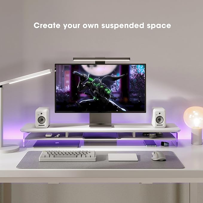 Fenge Acrylic Monitor Stand Riser, 42.5 Inches Dual Monitor Stand with Metal Storage, 2 Tier Acrylic Computer Riser for Desk, Clear Laptop Stand for PC, Laptop, Printer, TV, White