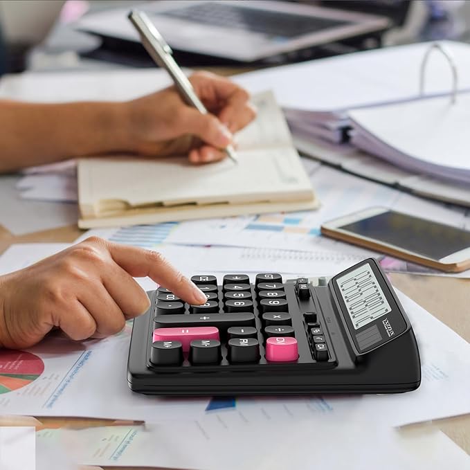 Desktop Calculator with Extra Large 5-Inch LCD Display, 12-Digit Two Way Power Solar & Battery Office Calculator with Big Buttons for Business, Accounting & Home Use(Black)