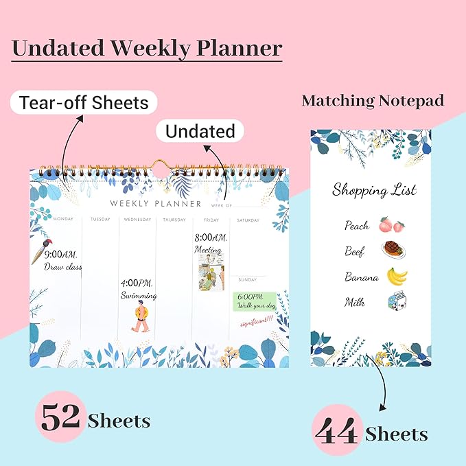 8.5x11 Weekly Planner Notepad Undated To Do List Note pad 52 Weekly Desk Wall Planner Calendar Hangble Daily Planning Pad for Work,Home,School,Ofiice Supplies,Matching 44 Notepad,Blue