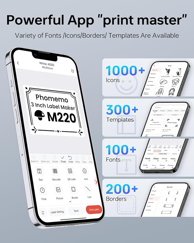 Phomemo Label Maker,M220 Label Printer,3 Inch Bluetooth Thermal Label Maker Machine with 2000+ Icons,300+ Templates & Fonts,for Kids School Items,Small Business,Large Sticker