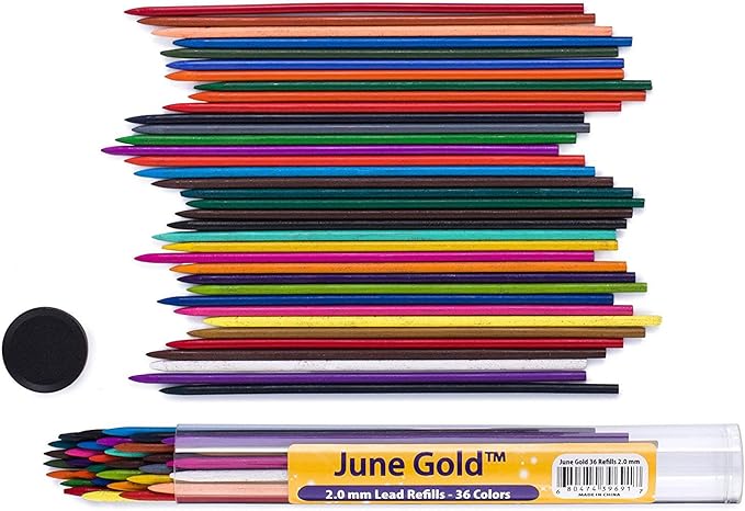 June Gold 36 Assorted Colored 2.0 mm Lead Refills, Bold & 90 mm Length, 36 Unique Colors, Pre-Sharpened, Break & Smudge Resistant