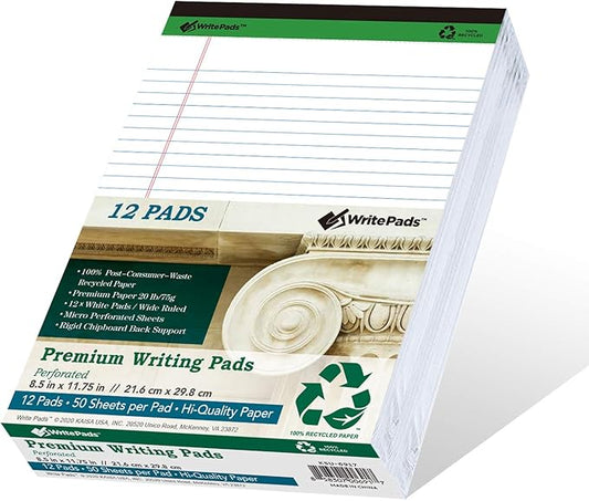 KAISA Thick Legal Pad Premium Writing Pads With Thick Chipboard Back Support, Wide Ruled 8.5x11 inch 20lb Recycled Paper Legal Pads, 50sheets/Pad,12pad, KSU-6917