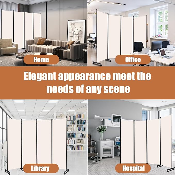 Room Divider Portable 88'' Partition Room Dividers and Folding Privacy Screens 4 Panel Wall Divider for Room Separation，Freestanding Fabric Room Divider Panel with Wheels for Home Office Hospital