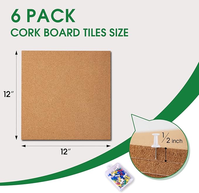 6 Pack Cork Bulletin Board 12 x 12 Inch - 1/2" Thick Cork Board Tiles,Self-Adhesive Frameless Cork Tiles Wall Decor with 50 PCS Pushpins for DIY, Office, School and Home Decor