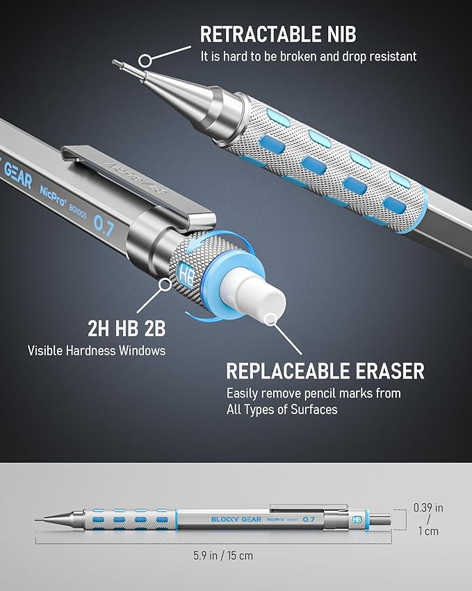Nicpro Blocky Gear 0.7 mm Mechanical Pencils Set in Case, Metal Pencil with Lead Refills, Eraser for Professional & Adult Art Writing Drafting Drawing