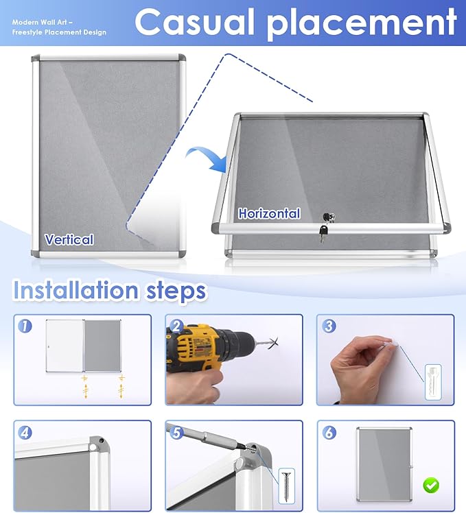 SWANCROWN Enclosed Bulletin Board 24x18 in, Tamperproof Lockable Grey Felt Board Wall Display Case for Office School Home, Aluminum Frame