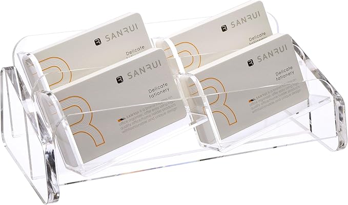SANRUI Business Card Holder for Desk, Slant Clear Acrylic Desktop Cards Organizer, 2 Tier 4 Slots, Holds 240 Cards