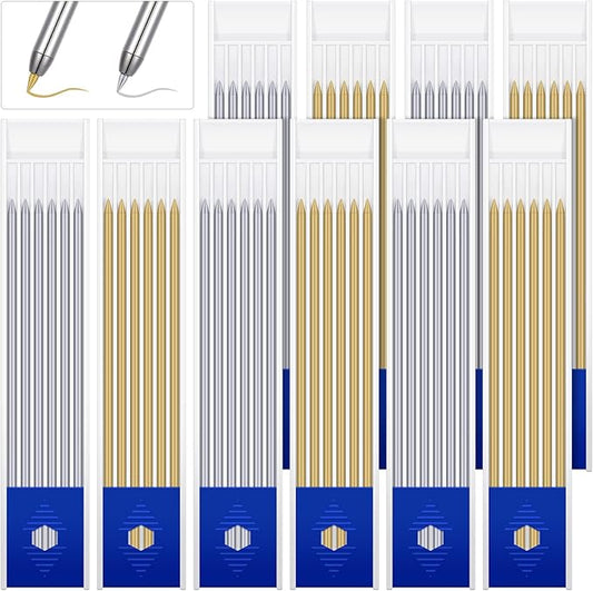 Spakon 60 Pcs 2.8mm Lead Refill Carpenter Construction Pencils Marker Lead Refills Dry Mechanical Woodworking Pencil Tools for Writing Drawing Drafting (Silver,Gold)