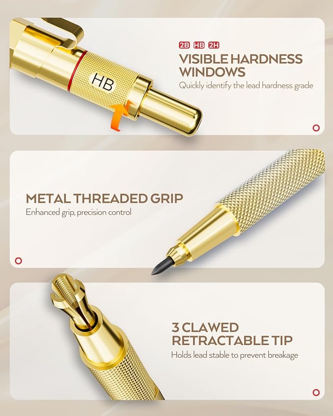 Nicpro Gold Art Mechanical Pencil Set, Metal Drafting Pencil 0.5, 0.7, 0.9mm & 2mm Lead Holder(2B HB 2H) For Sketching Drawing With Lead Refills Case