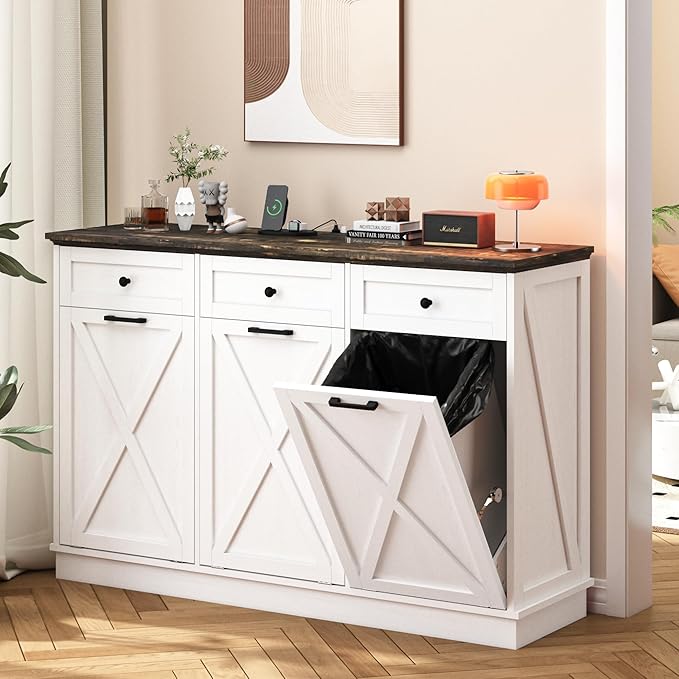 Farmhouse Tilt Out Trash Cabinet, Triple 13 Gallon Wooden Kitchen Trash Can Cabinet with Hideaway Drawer, Freestanding Garbage Recycling Cabinets, Pet Proof, Power Outlets, 59 Inch, White