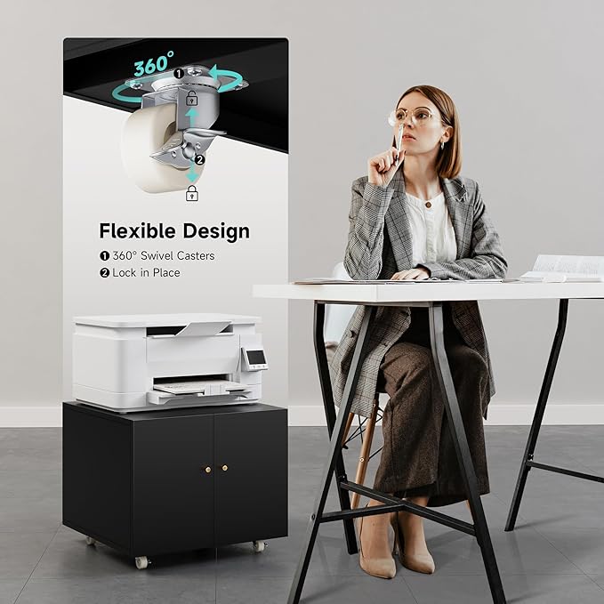 Warmiehomy Metal Printer Stand with Storage Mobile Printer Tables for Small Spaces with Door Adjustable Shelf Black File Cabinet on Wheels for Home Office