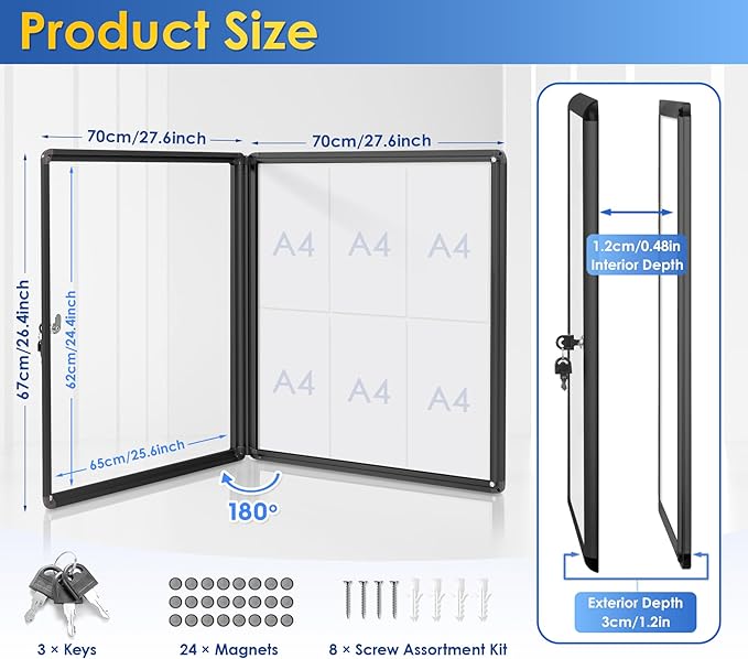 SWANCROWN Lockable Bulletin Boards Black Frame Enclosed Display Case,with Magnets,for School Message Notice 28x26inch(6XA4)