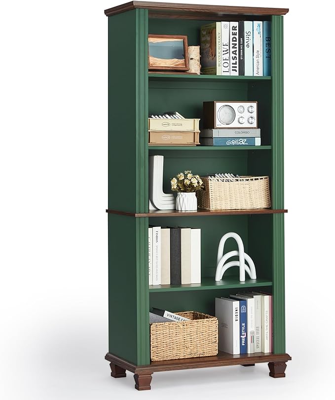 70" Tall Green Bookshelf,5 Tier Wooden Book Shelf with Adjustable Shelves & Wood Legs,Free Standing Farmhouse Bookcase with Open Display Storage,Vintage Bookshelves for Library,Classroom