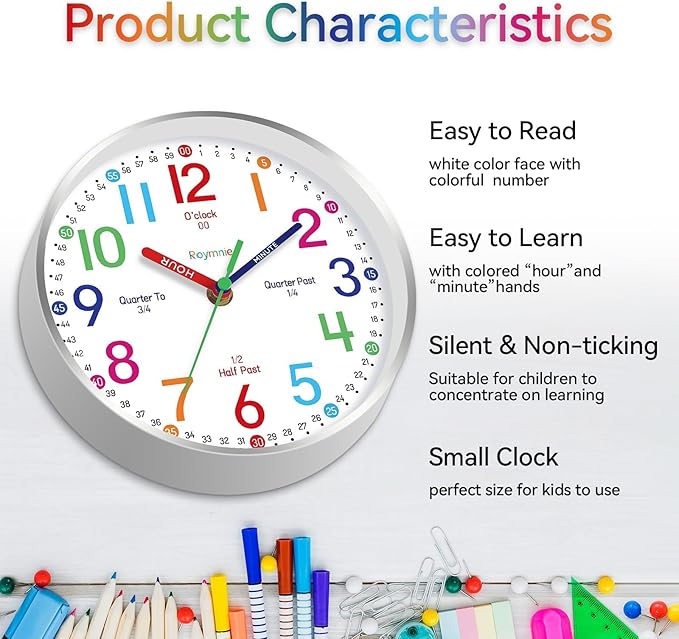 Roymnie Wall Clock for Kids Learning Easily Kids Teaching Clock Silent Non - Image 6