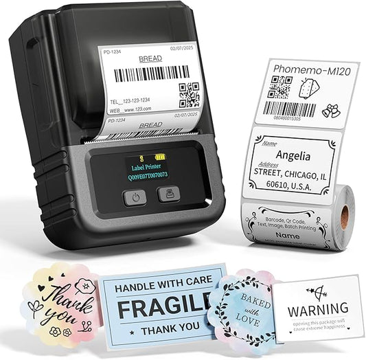 Phomemo M120 Label Maker, 2 Inch Barcode Printer, Portable Thermal Label Maker for Small Bussiness, Barcode, QR Code, Name, Address, Logo, Clothing, Office, Home, Sticker Printer for Phone/PC/Tablet