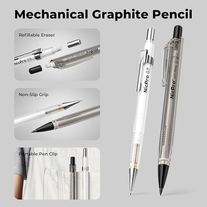 Nicpro 26PCS Art Drawing Supplies Kit, Mechanical Pencils Set 0.5, 0.7, 0.9 & 2mm, 100 Sheets Sketch book, 172PCS Lead Refills, School Supplies Gifts for Artist Adults Teens Girls Boys Kids Sketching