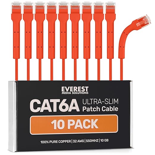 Everest Ultra Slim Cat6a Ethernet Patch Cables 3ft Orange by EverestMediaSolutions