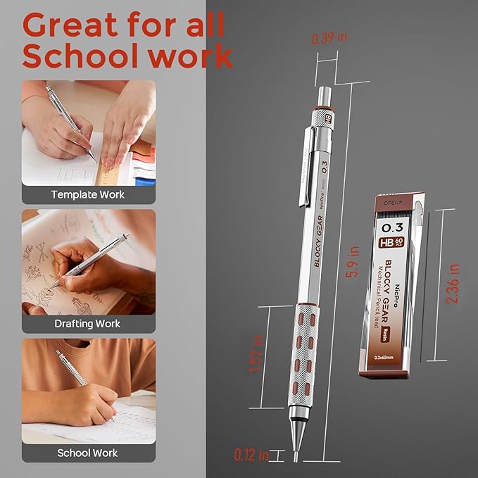 Nicpro 3 Pack Blocky Gear 0.3 mm Metal Mechanical Pencils Set with Case, Lead Drafting Pencil with 8 Tube (480PCS) Lead Refills, 4 Erasers, 18 Eraser Refills for Art Writing, Sketching Drawing