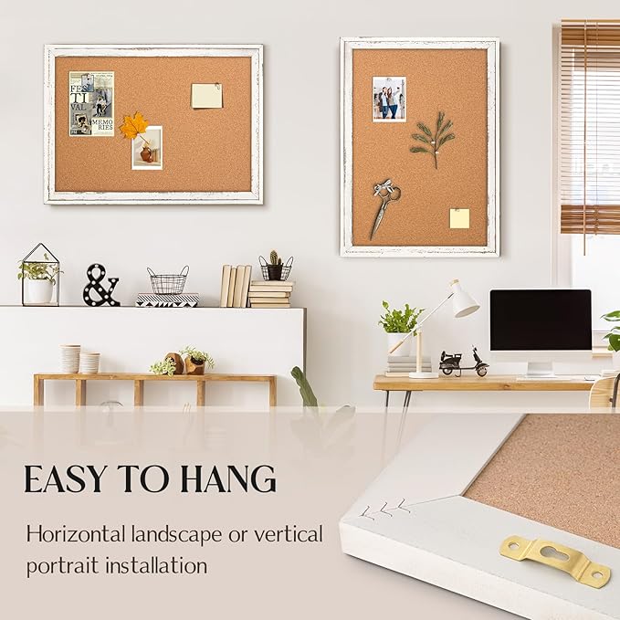 White Cork Board Bulletin Board, 24" x 18" Wooden Framed Corkboard for Office, Decorative Hanging Pin Board Vision Board for Office Home School Decor
