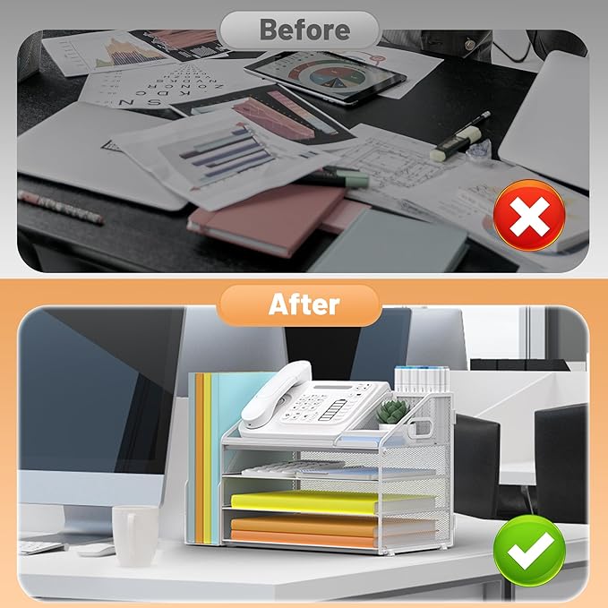 DocNest 4 Tier Paper Letter Tray File Organizer, Mesh Desk File with Handle, Workspace Desk Organizers with Pen Holder, Office Organization Storage Accessories - White