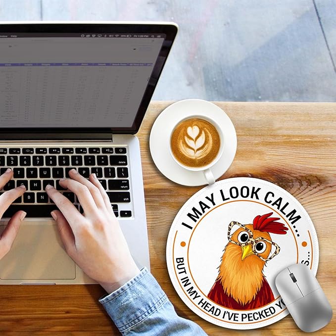 Funny Chicken Mouse Pad, Small Round Rooster Mouse Pads for Desk, Mini Travel Mousepad for Work Wireless Computer Laptop, Office Desk Accessories, 8.6 x 8.6 inch