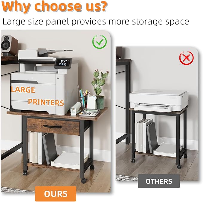 22"x15" Large Printer Stand with Storage Drawer, 2-Tier Under Desk Printer Table for Home Office, Printer Cart fit Fax Machine/3D Printer/Scanner(Brown)