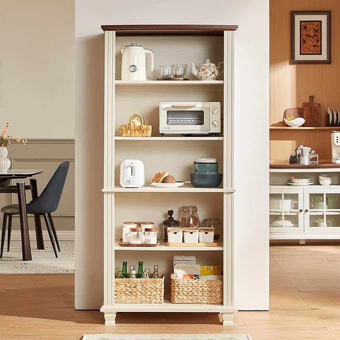 70" Tall White Bookshelf,5 Tier Wood Book Shelf with Adjustable Shelves & Wood Legs,Free Standing Farmhouse Bookcase with Open Display Storage,Vintage Kids Bookshelves for Nursery,Bedroom